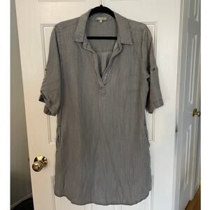 Joan Vass New York Dress Large All Tencel Lyocell 3/4 Length Sleeve Gray Pockets